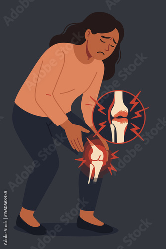 Osteoarthritis knee pain illustration. Woman suffering joint inflammation, rheumatoid arthritis, tendon problems, cartilage damage, chronic pain, medical concept. Vector cartoon on dark background.