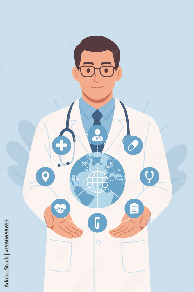 Global healthcare concept with doctor holding digital earth globe. Telemedicine medical network illustration with icons for online consultation, diagnosis, and international health. Global healthcare concept with doctor holding digital earth globe. Telemedicine medical network illustration with icons for online consultation, diagnosis, and international health.