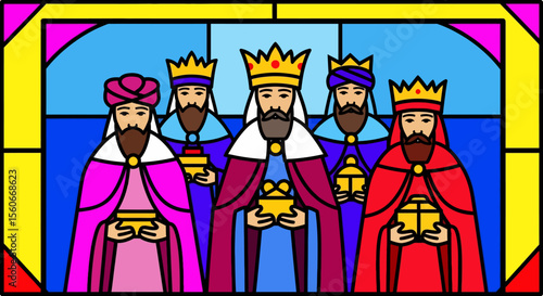 Cartoon Illustration of Three Wise Men with Gifts, Stained Glass Style