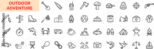 Outdoor Adventure Line Icon Design Featuring Tents, Campfires, Mountains, Axes, Maps, Flashlights, Boats, Fishing, Hiking Boots, Wildlife, Compass, Binoculars, Weather, and Travel Gear
