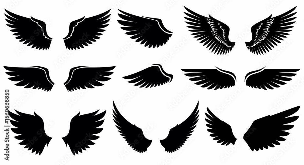 Obraz premium Collection of Nine Black Silhouette Angel Wings Vector Illustrations