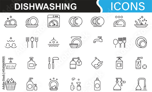 Line art symbols for dishwashing tasks, including washing dishes, water flow, and cleaning utensils.