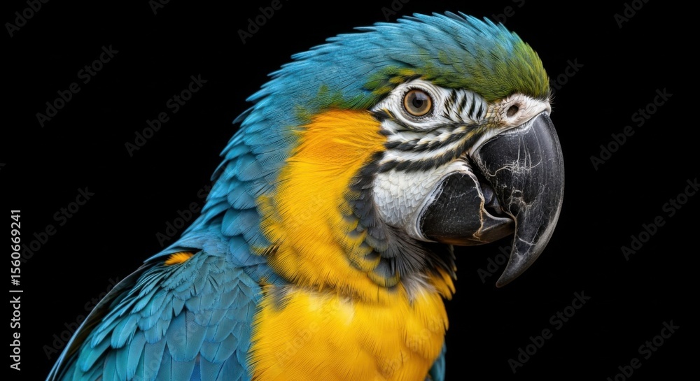 Obraz premium Detailed close up portrait of a vibrant blue and yellow macaw parrot against a stark black background highlighting its beautiful feathers and intelligent eyes