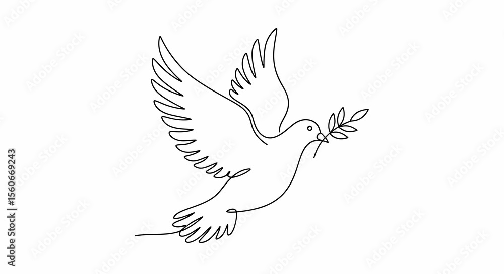 Fototapeta premium Single-Line Drawing of a Dove in Flight, Carrying an Olive Branch