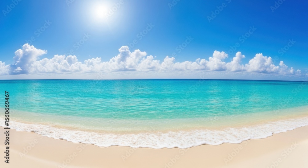 Fototapeta premium Beautiful tropical beach with crystal clear turquoise water under a bright sunny sky with fluffy white clouds