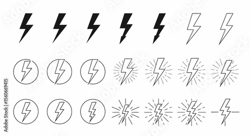 Lightning Bolt Icon Set: Black and Outline Style Variations on White Background