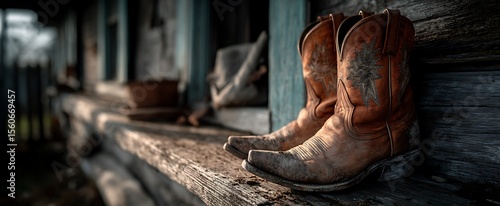Rustic Western Cowboy Boots on Weathered Wood Porch with Countryside, and Outdoors.