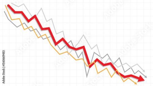 Red down market path arrow with support line indicators in chart template