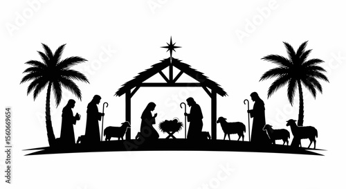 Nativity Scene Silhouette with Palm Trees and Star of Bethlehem