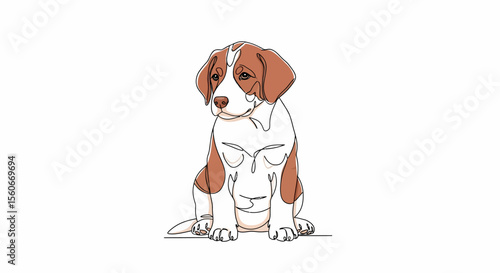 One-Line Drawing of a Sitting Beagle Puppy, Brown and White, Calm Pose