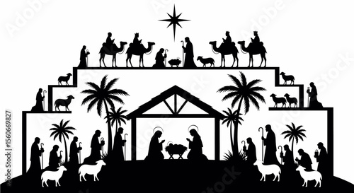 Black and White Nativity Scene Silhouette: Holy Family, Wise Men, Shepherds, and Animals