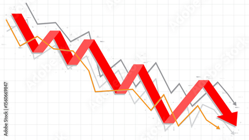 Red down fall profit business chart with grey, yellow support lines template for business, money save, bankrupt, loan, savings 