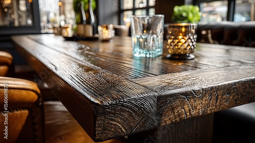 Rustic Wooden Table with Drinks  Candles with Warm Interior in Cafe or Restaurant.