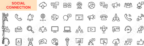 Social Connection Line Icon Design Featuring Chat Bubbles, Computers, Video Calls, User Groups, Messaging Apps, Networks, WiFi Signals, Notifications, and Online Communication