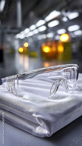 Safety Glasses on White Cloth in Industrial Setting  Protection Concept.