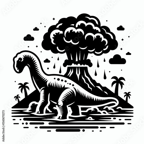 Sauropod Walking Near Volcanic Ash in a Prehistoric Landscape