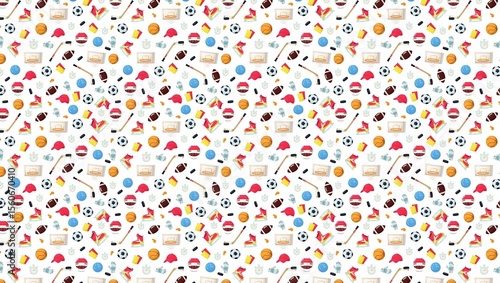 A seamless pattern featuring various sports equipment scattered across a white background evenly spaced out