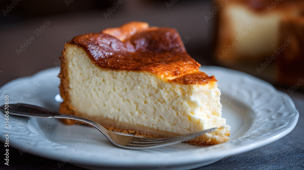 A mouthwatering slice of cheesecake, ready to be devoured on a white plate. A mouthwatering slice of cheesecake, ready to be devoured on a white plate.