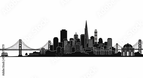 Black and white silhouette of San Francisco skyline with Golden Gate Bridge