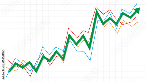 green growing up trend arrow with blue, red, yellow support indicators market chart template for business profit, share market, save money, progress