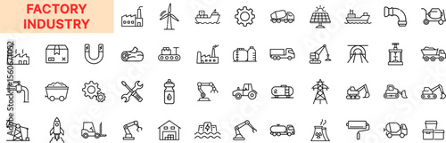 Factory and Industrial Line Icon Design Featuring Power Plants, Gears, Robots, Cranes, Oil Rigs, Pipelines, Construction Tools, Vehicles, Assembly Lines, and Engineering Equipment
