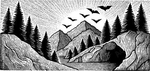 Nocturnal scene with bats flying past cave mouth at dusk in black and white