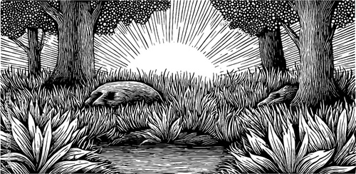 Surreal buried statue heads in sunlit grass scene