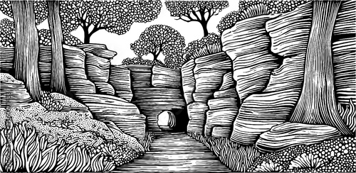 Black and white cave entrance in rocky bluff landscape with trees and natural surroundings