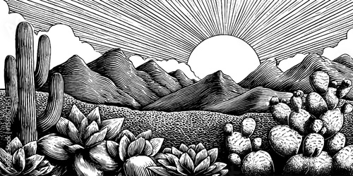 Cactus field and mountains under blazing sun in vintage black and white sketch