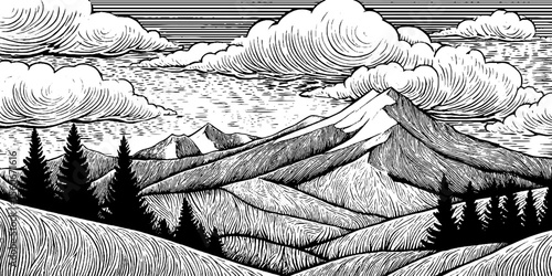 Cloudy mountain ridge black and white landscape engraving for posters and prints
