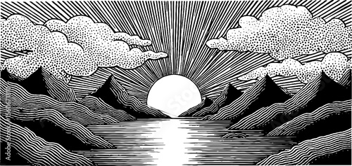 Dark clouds over waterlogged farmland with mountains and sun in black and white hand drawn style