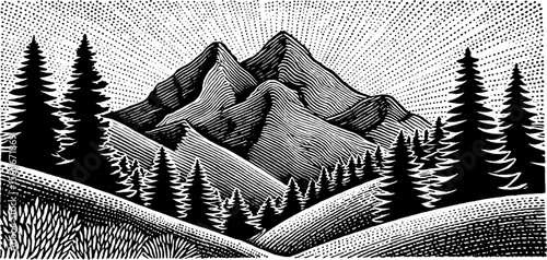 Majestic dragon silhouette coiled around mountain peak in black and white