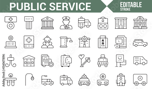 Simple icons for public institutions like courts, police stations, and healthcare facilities.