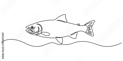 Fresh salmon fish in continuous line art drawing, Monoline Fishing Symbol, One Line Tuna Silhouette, Fish line background. One continuous line drawing of fish. Vector illustration. Fish symbol, salmon