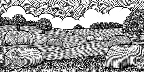 Tranquil farmland landscape with hay bales in black and white hand drawn sketch