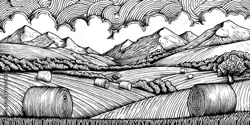 Rural landscape with scattered hay bales in black and white for art print or poster