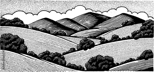 Vintage landscape of field and hills with rolling clouds and clean lines