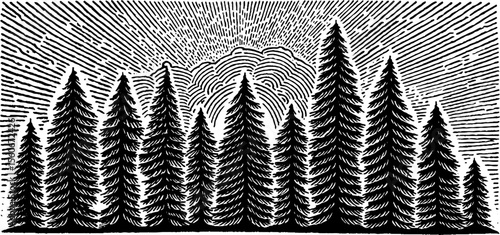 Full moon over forest silhouette in black and white: retro inspired design for posters and cards