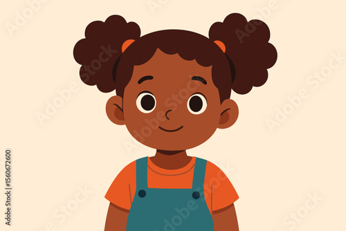 Cute African American little girl portrait. Happy smiling black child with afro puffs hairstyle. Adorable kid character face looking at camera. Modern flat vector cartoon illustration.