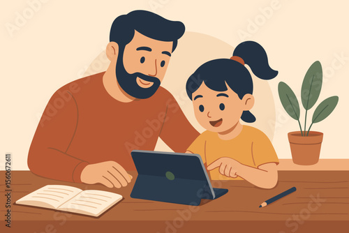 Father helping daughter with homework on digital tablet. Homeschooling and e-learning concept. Dad teaching child. Parenting and modern family support vector cartoon illustration.