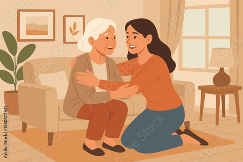 Young woman visiting elderly mother. Daughter hugging senior parent on couch. Family love, care, and support concept. Happy generations together at home. Vector cartoon illustration.
