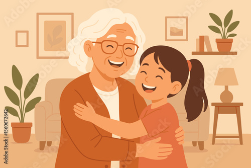 Happy grandmother and granddaughter hugging at home. Loving family moment. Senior woman embracing child in the living room. Flat cartoon vector illustration of intergenerational love.