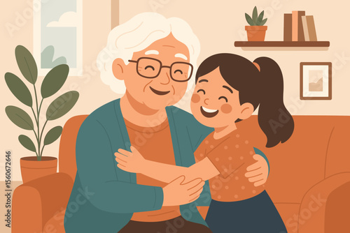 Happy grandmother hugging smiling granddaughter on the sofa at home. Family love and care concept. Senior woman with child showing affection. Modern flat cartoon vector illustration.