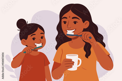 Indian mother teaching cute daughter to brush teeth. Happy family morning routine concept. Parent and child dental care and oral hygiene. Modern flat vector cartoon illustration.