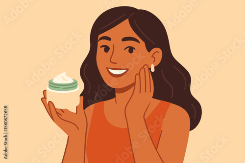 Smiling woman applying moisturizing face cream from a jar. Daily skincare routine concept. Beauty treatment and cosmetic product advertising. Modern flat vector cartoon illustration.