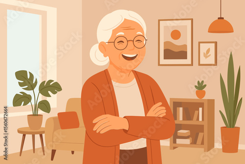 Cheerful elderly woman with glasses smiling at home. Happy grandmother enjoying retirement in her cozy living room. Senior lifestyle and positive aging concept vector illustration.