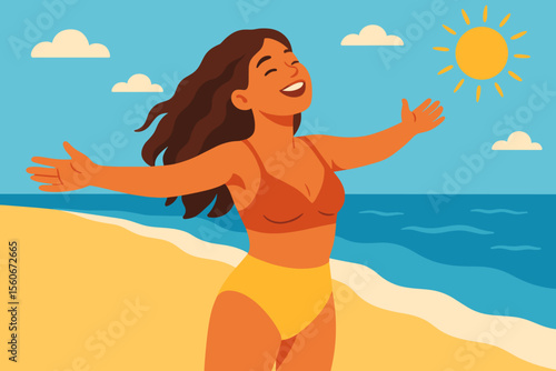 Happy woman enjoying sun on a summer beach vacation. Young girl relaxing by the sea. Carefree tropical travel and lifestyle concept. Modern flat vector cartoon illustration.