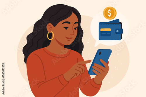 Mobile banking concept. Latin woman with smartphone. Digital wallet for online payment. Personal finance. E-commerce transaction. Fintech app. Money transfer. Budget management.