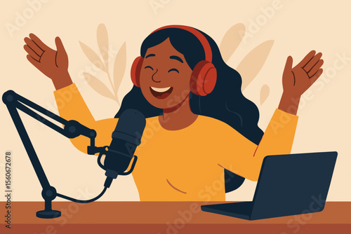 Joyful African American woman recording live podcast. Happy female podcaster with headphones speaking into microphone. Radio host, vlogger, streamer. Content creation vector concept.