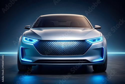 Futuristic Silver Electric Car with Blue LED Lights, Front View